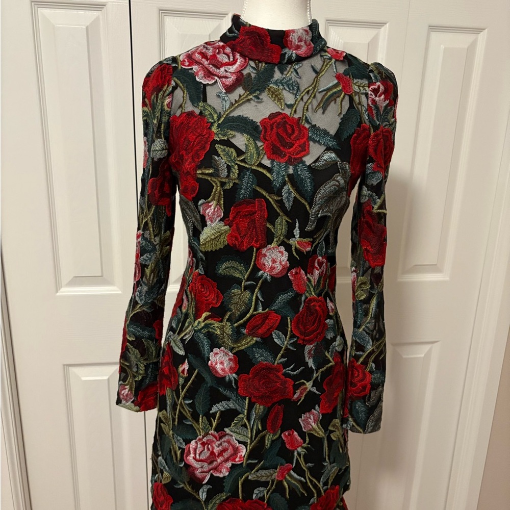 Boston Proper Red and Green Floral Long Sleeve Dress